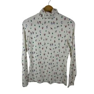 Lands End Ski Print Turtleneck Top XS Winter Cozy Layer Apres Ski Snow‎ Holiday